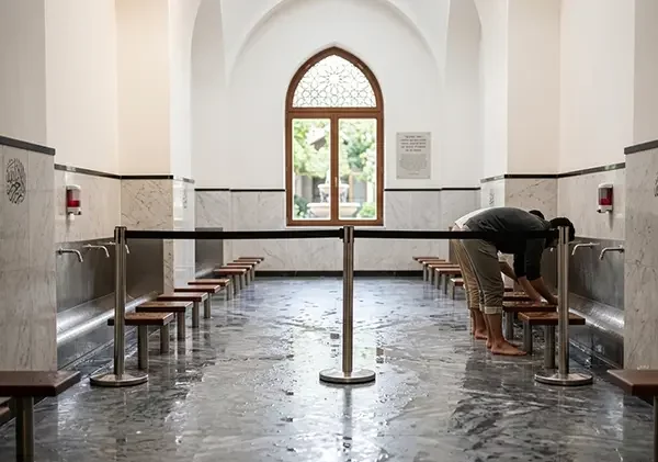 A masjid wudhu area safely used by worshippers.