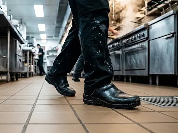 a busy restaurant kitchen, staff safely walking across focused on getting order out.